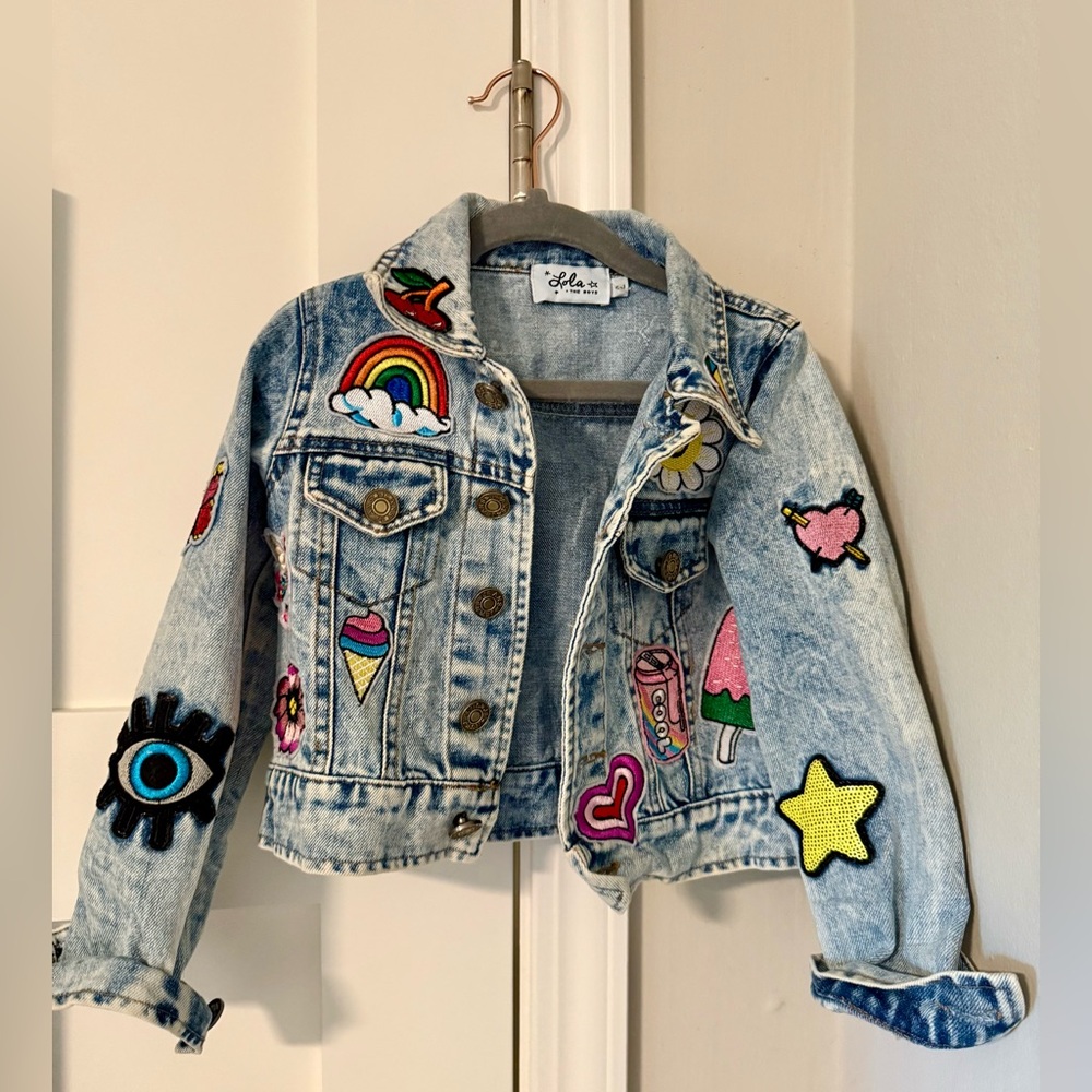 Lola + The Boys Light Blue Denim Jacket with Colorful Patches 2T
